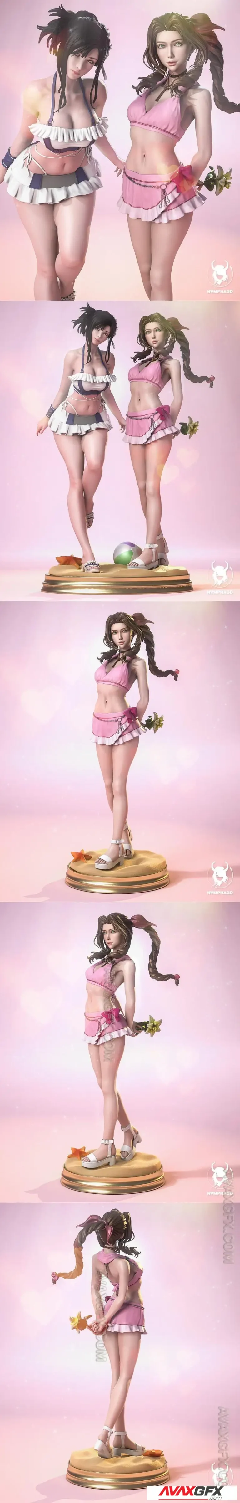 Nympha - Aerith (Pink Mermaid Variation) and Diorama Base with Tifa - STL 3D Model
